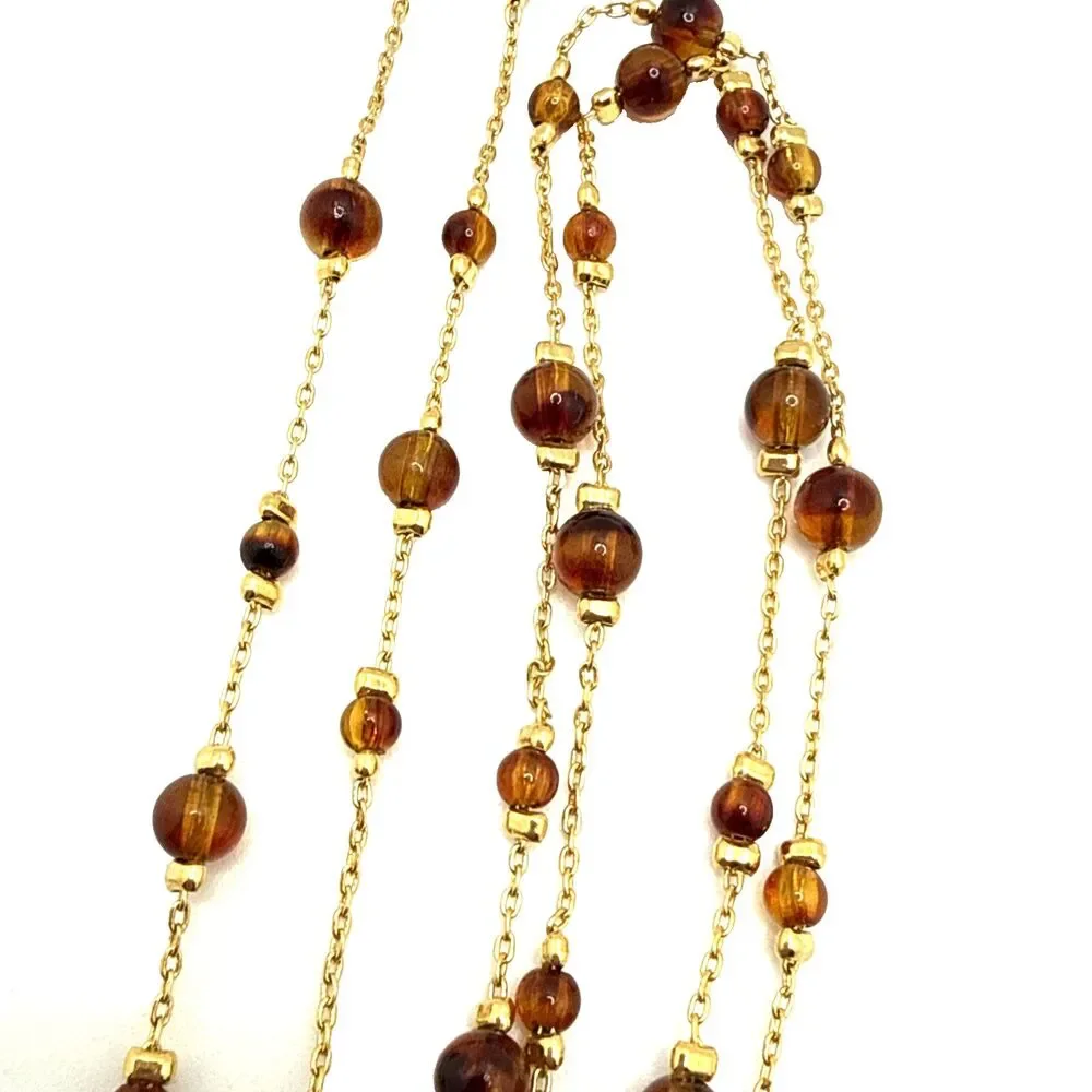 Vintage MONET Amber Brown Bead Station Necklace Gold Tone Opera Statement 30